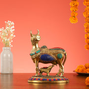 Superfine Brass Kamdhenu Cow with Calf Idol | Height 8.5 inch - Budhshiv.com