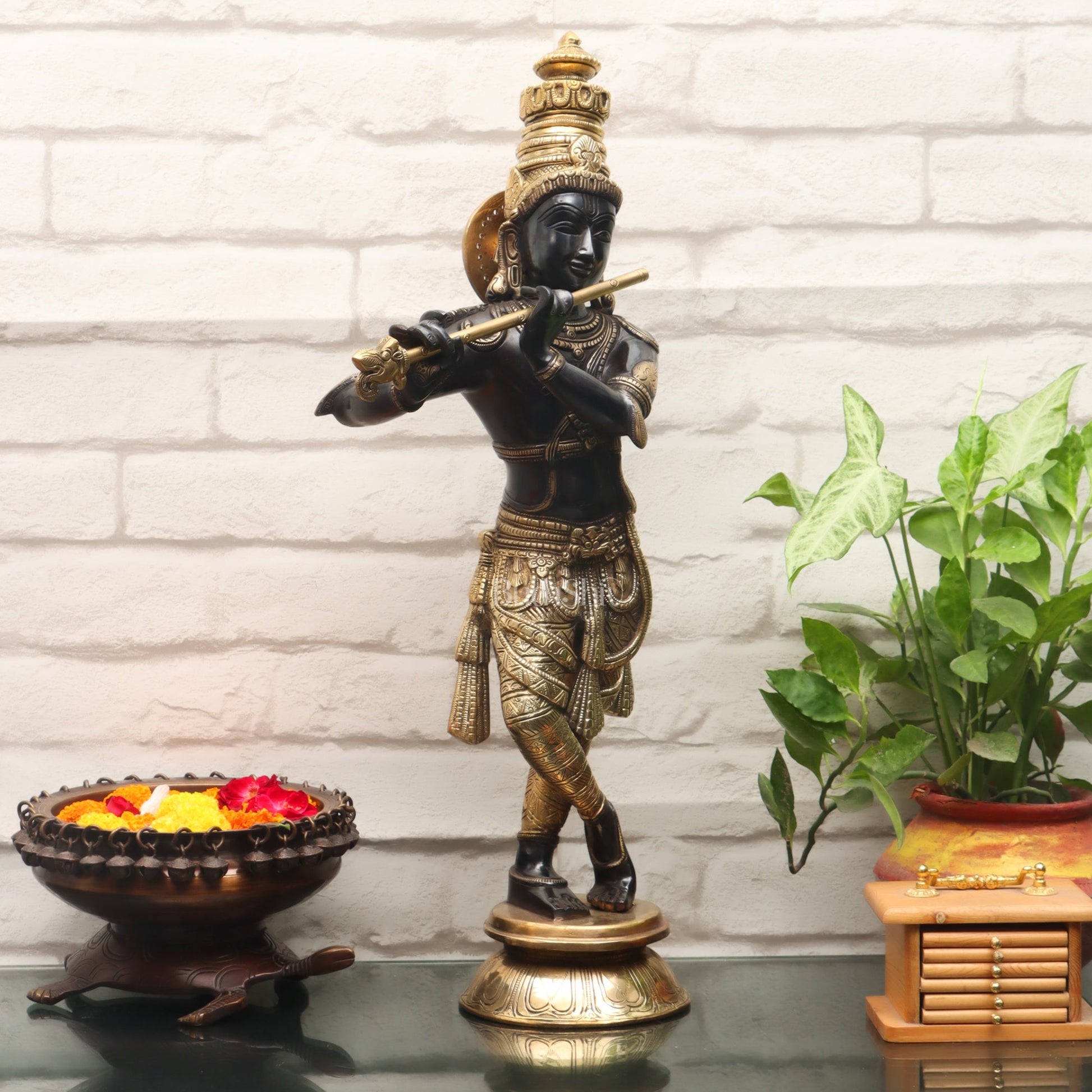 Superfine Brass Krishna Idol Black and Golden Finish | 23 Inch - Budhshiv.com
