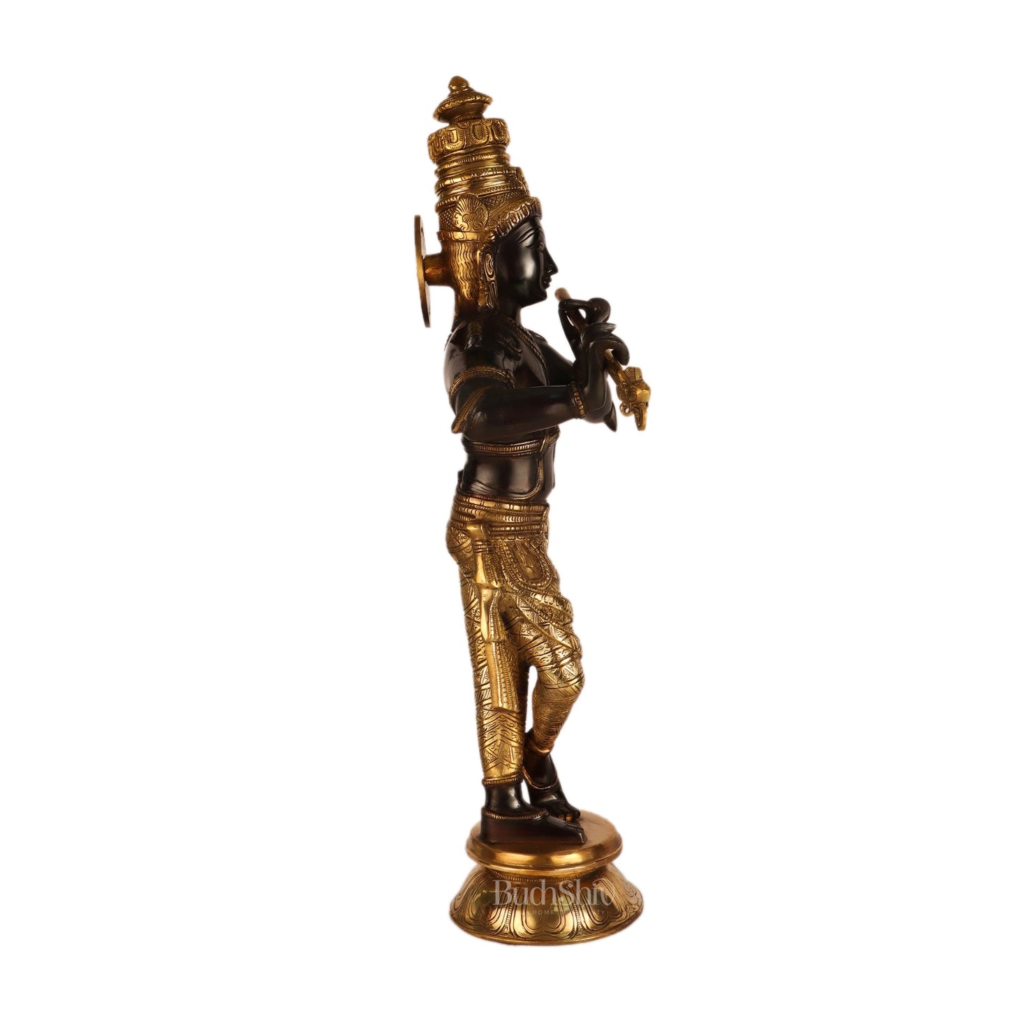 Superfine Brass Krishna Idol Black and Golden Finish | 23 Inch - Budhshiv.com