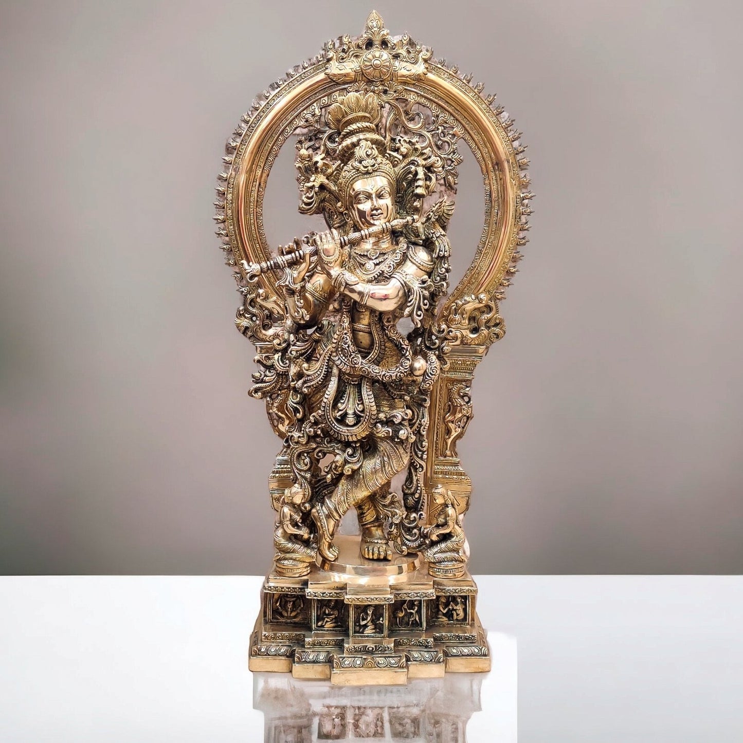 Superfine Brass Krishna Statue | Embossed Prabhavali Frame | Height: 32 Inch - Budhshiv.com