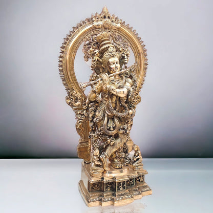 Superfine Brass Krishna Statue | Embossed Prabhavali Frame | Height: 32 Inch - Budhshiv.com