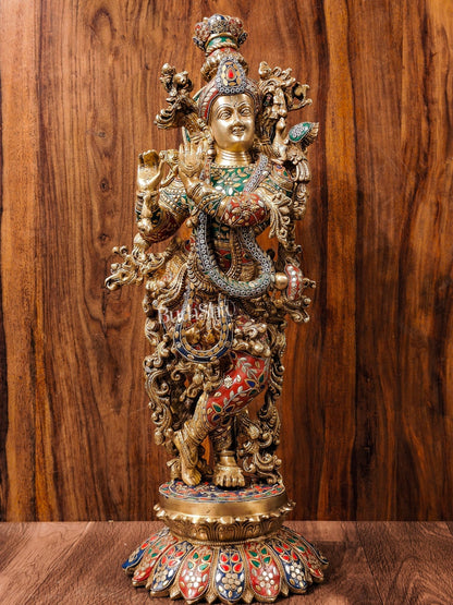 Superfine Brass Krishna Statue - Flute Playing Divine Figure on Lotus Base | 26" Height | - Budhshiv.com