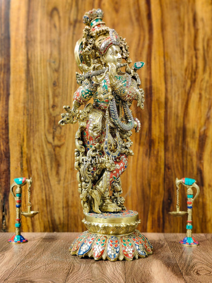 Superfine Brass Krishna Statue - Flute Playing Divine Figure on Lotus Base | 26" Height | - Budhshiv.com