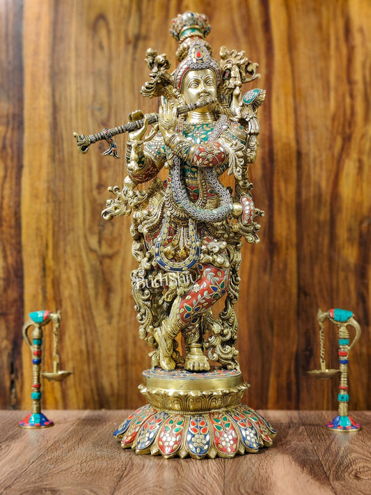 Superfine Brass Krishna Statue - Flute Playing Divine Figure on Lotus Base | 26" Height | - Budhshiv.com