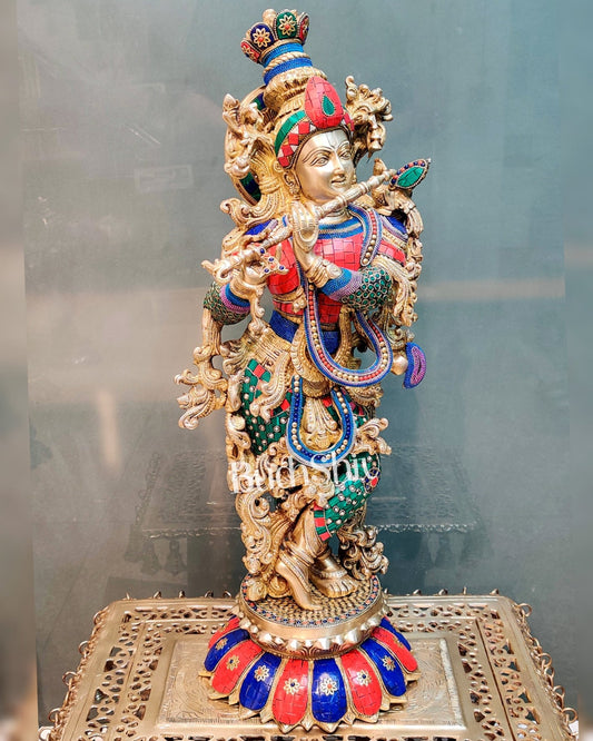 Superfine Brass Krishna Statue - Flute Playing on Lotus Base | 26" Height - Budhshiv.com