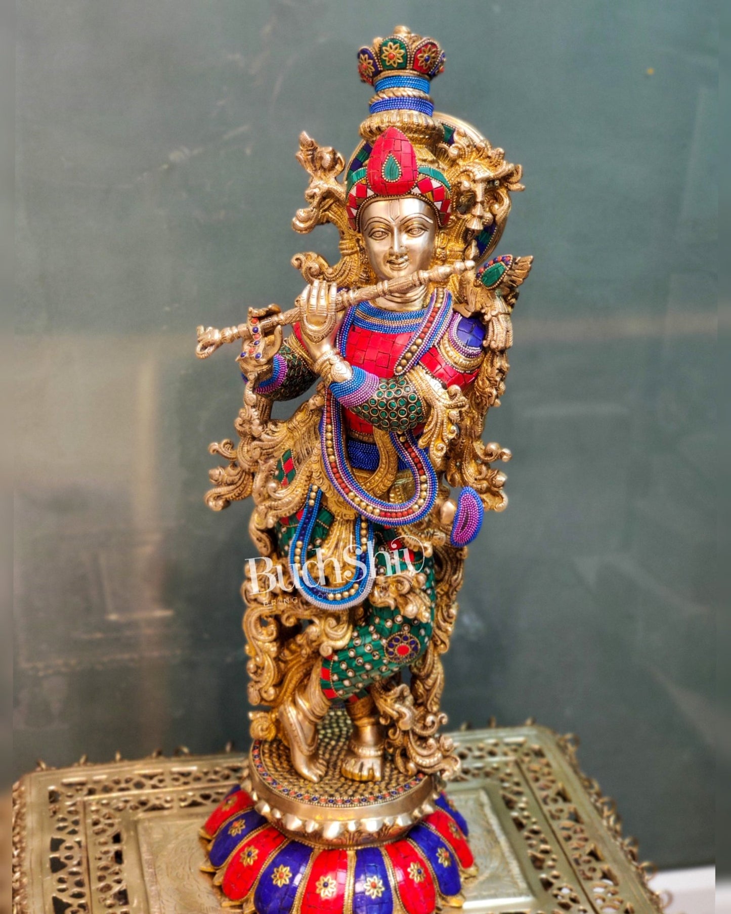 Superfine Brass Krishna Statue - Flute Playing on Lotus Base | 26" Height - Budhshiv.com