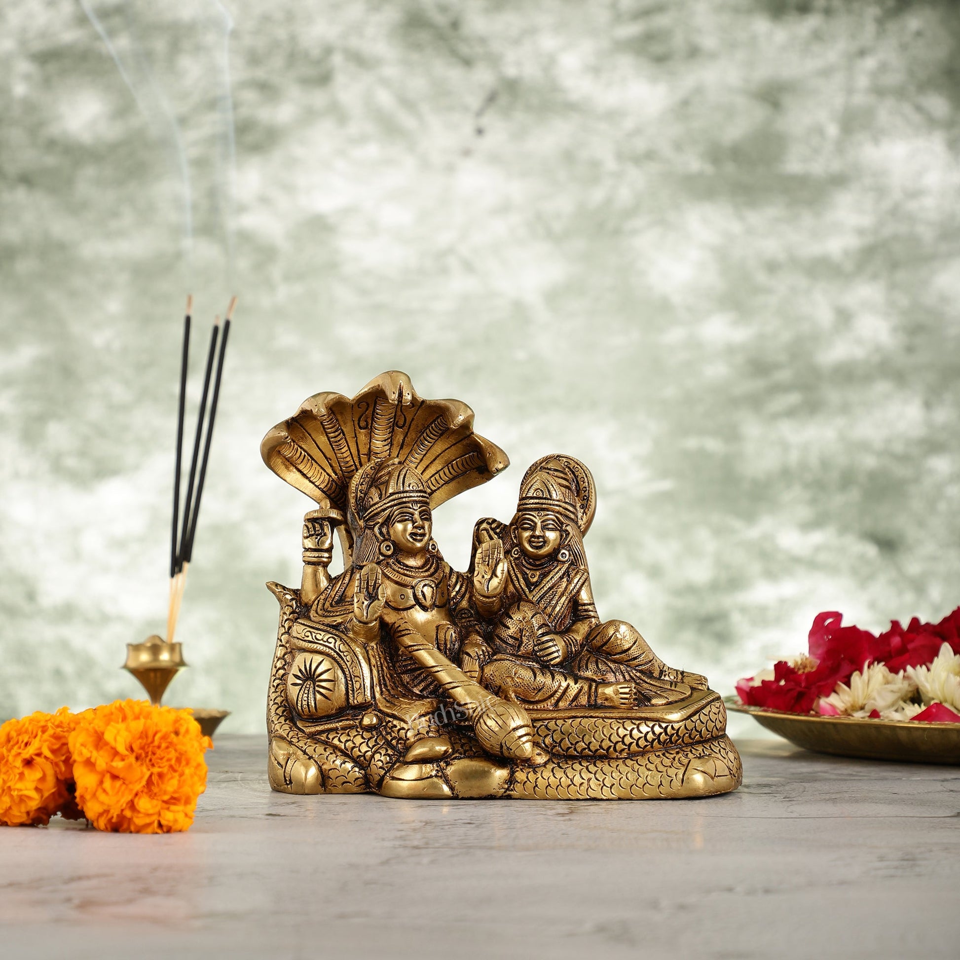 Superfine Brass Lakshmi Narayan/ Vishnu Lakshmi Resting 7" Indian - Budhshiv.com