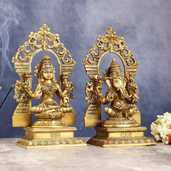 Superfine Brass Lord Ganesha and Goddess Lakshmi Idols with Frame - 12 inch - Budhshiv.com