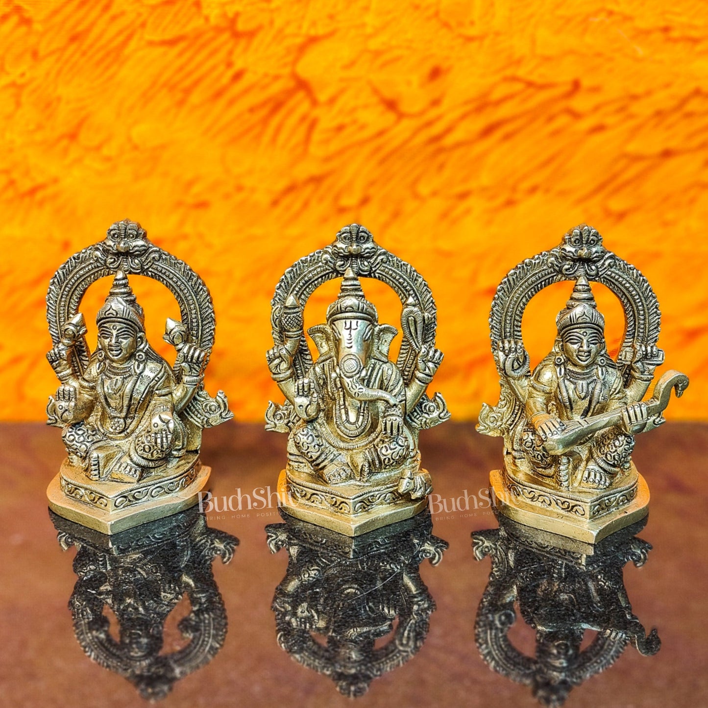 Superfine Brass Lord Ganesha, Goddess Lakshmi, Saraswati Idols, 4.5" Height - Budhshiv.com