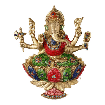 Superfine Brass Lord Ganesha Seated on a Lotus Wall Hanging Stonework - 12 inch - Budhshiv.com