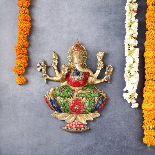 Superfine Brass Lord Ganesha Seated on a Lotus Wall Hanging Stonework - 12 inch - Budhshiv.com