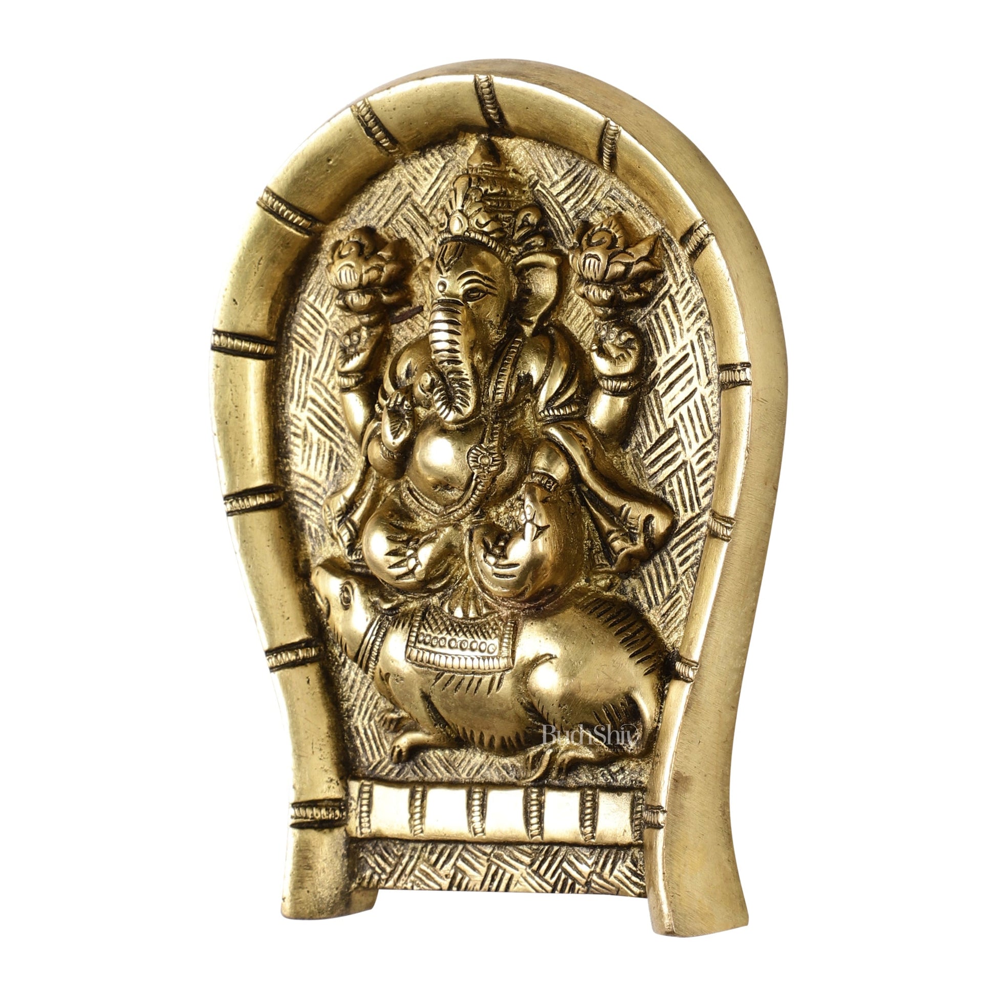 Superfine Brass Lord Ganesha Seated on a Mouse Wall Hanging - 6x5 Inch - Budhshiv.com