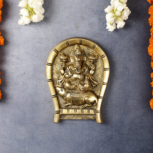 Superfine Brass Lord Ganesha Seated on a Mouse Wall Hanging - 6x5 Inch - Budhshiv.com