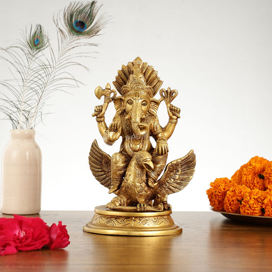 Superfine Brass Lord Ganesha Seated on Garuda - 10 inch - Budhshiv.com