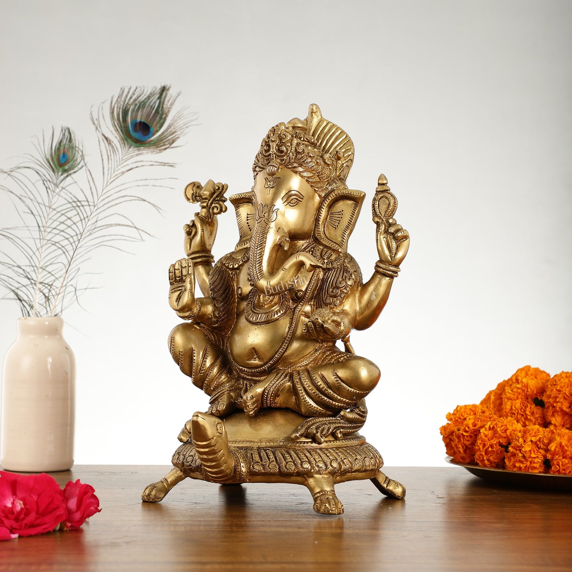 Superfine Brass Lord Ganesha Seated on Tortoise Idol - 13 Inch - Budhshiv.com