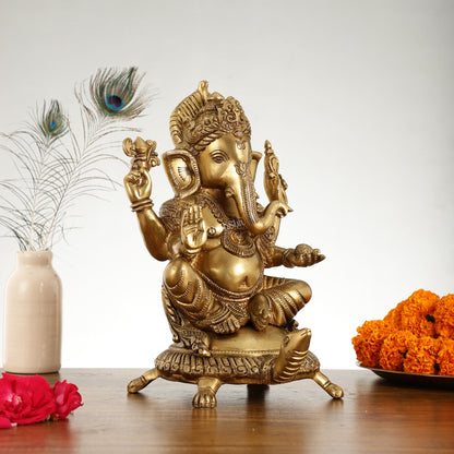 Superfine Brass Lord Ganesha Seated on Tortoise Idol - 13 Inch - Budhshiv.com