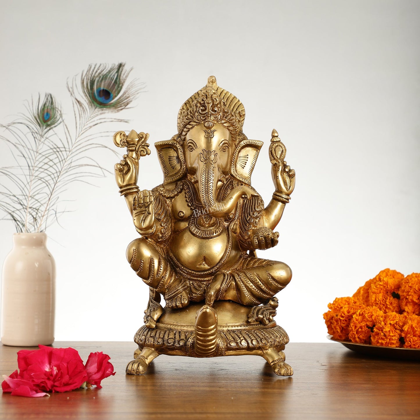 Superfine Brass Lord Ganesha Seated on Tortoise Idol - 13 Inch - Budhshiv.com