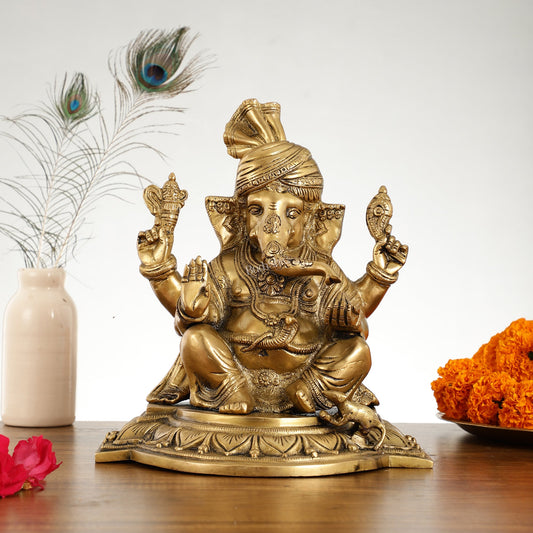 Superfine Brass Lord Ganesha Statue with Turban - 12 Inch - Budhshiv.com