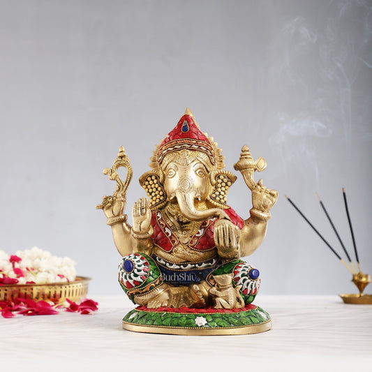Superfine Brass Lord Ganesha with Stonework Idol Murti Statue - 12 inch - Budhshiv.com