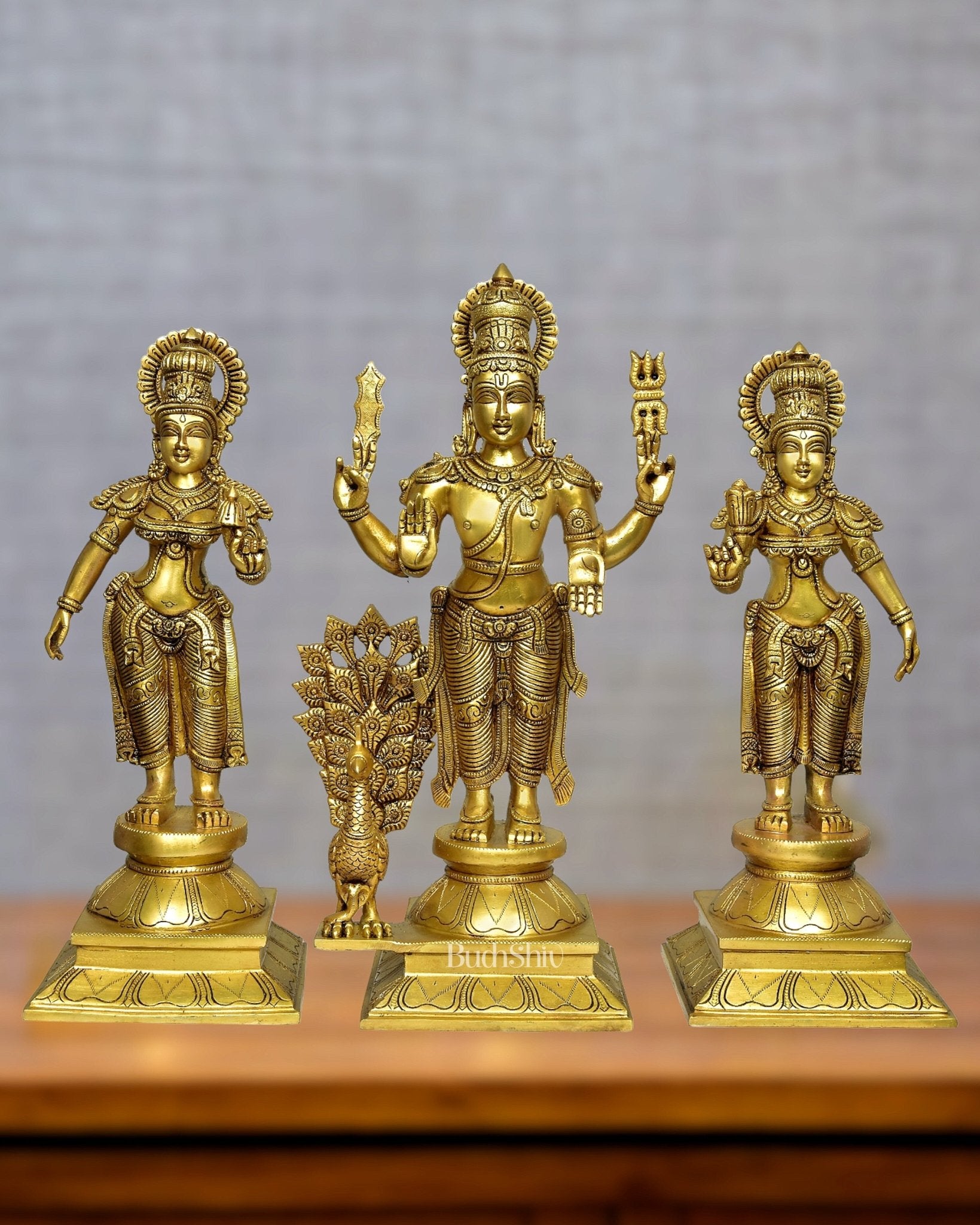 Superfine Brass Lord Kartikeya Murugan Swamy with Devasena and Valli Idol Set - 18.5" - Budhshiv.com