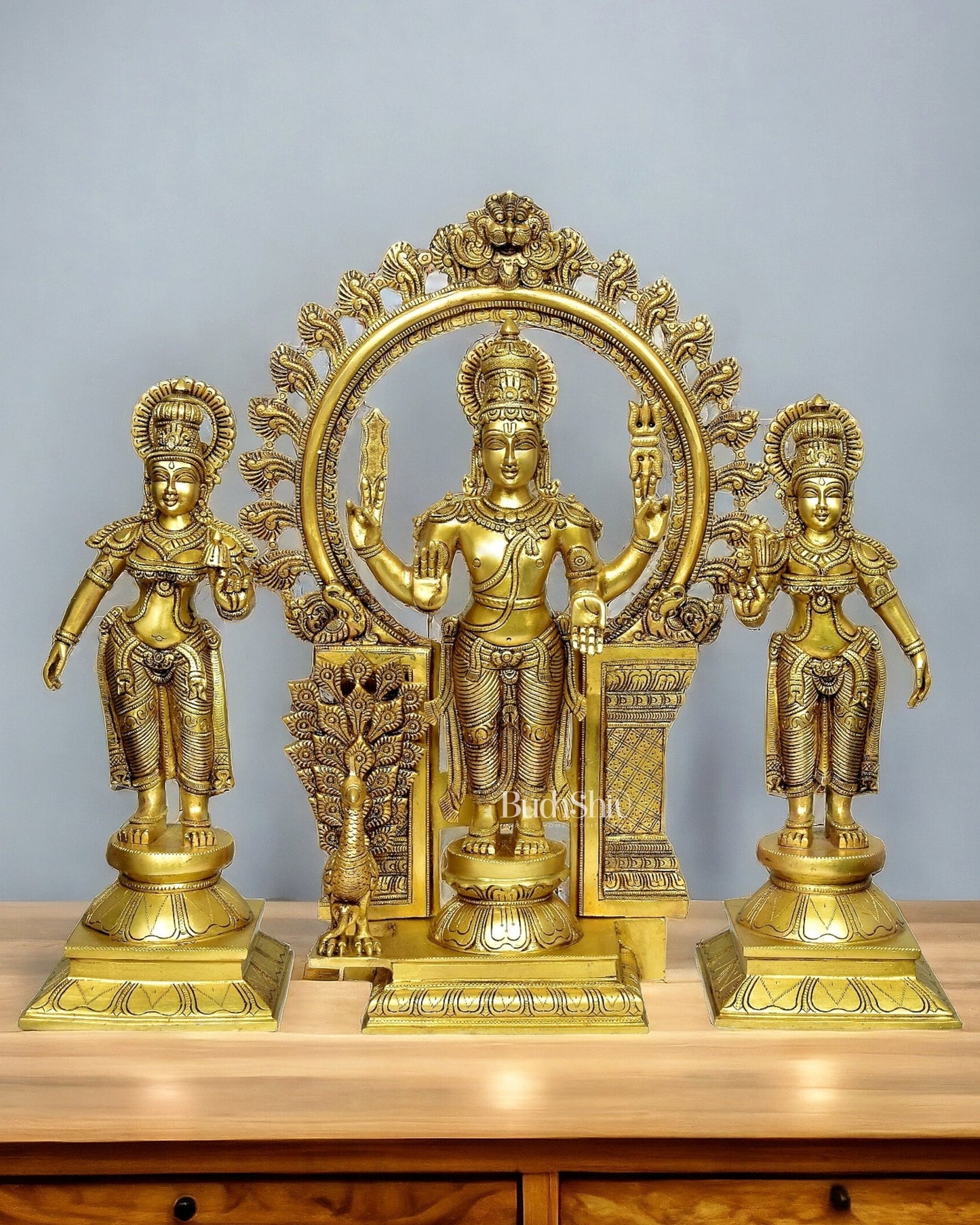 Superfine Brass Lord Kartikeya Murugan Swamy with Devasena and Valli Idol Set - 23" - Budhshiv.com
