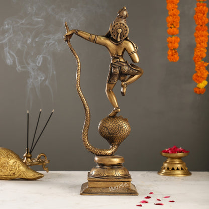 Superfine Brass Lord Krishna Dancing on Kaliya Naag | 18" Height | Cosmic Grace - Budhshiv.com