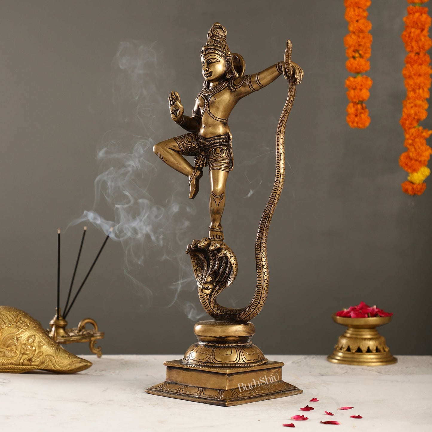 Superfine Brass Lord Krishna Dancing on Kaliya Naag | 18" Height | Cosmic Grace - Budhshiv.com