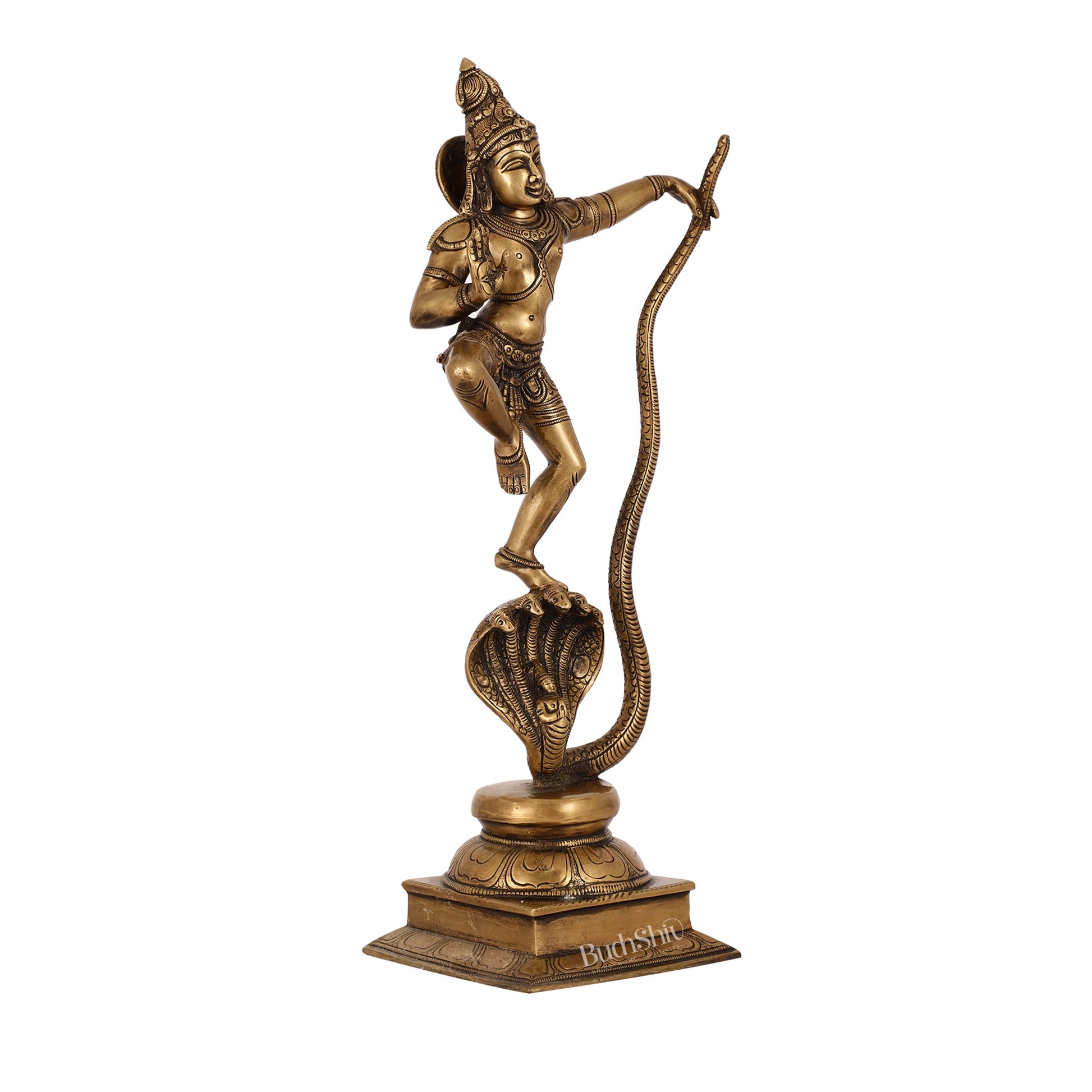 Superfine Brass Lord Krishna Dancing on Kaliya Naag | 18" Height | Cosmic Grace - Budhshiv.com