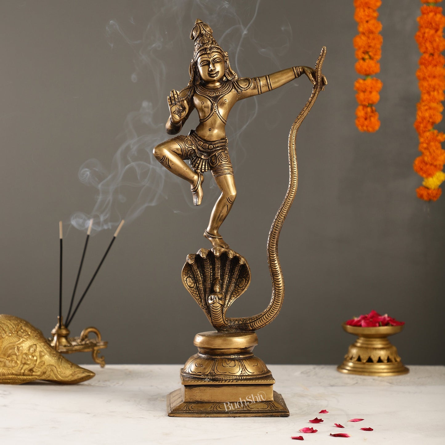 Superfine Brass Lord Krishna Dancing on Kaliya Naag | 18" Height | Cosmic Grace - Budhshiv.com