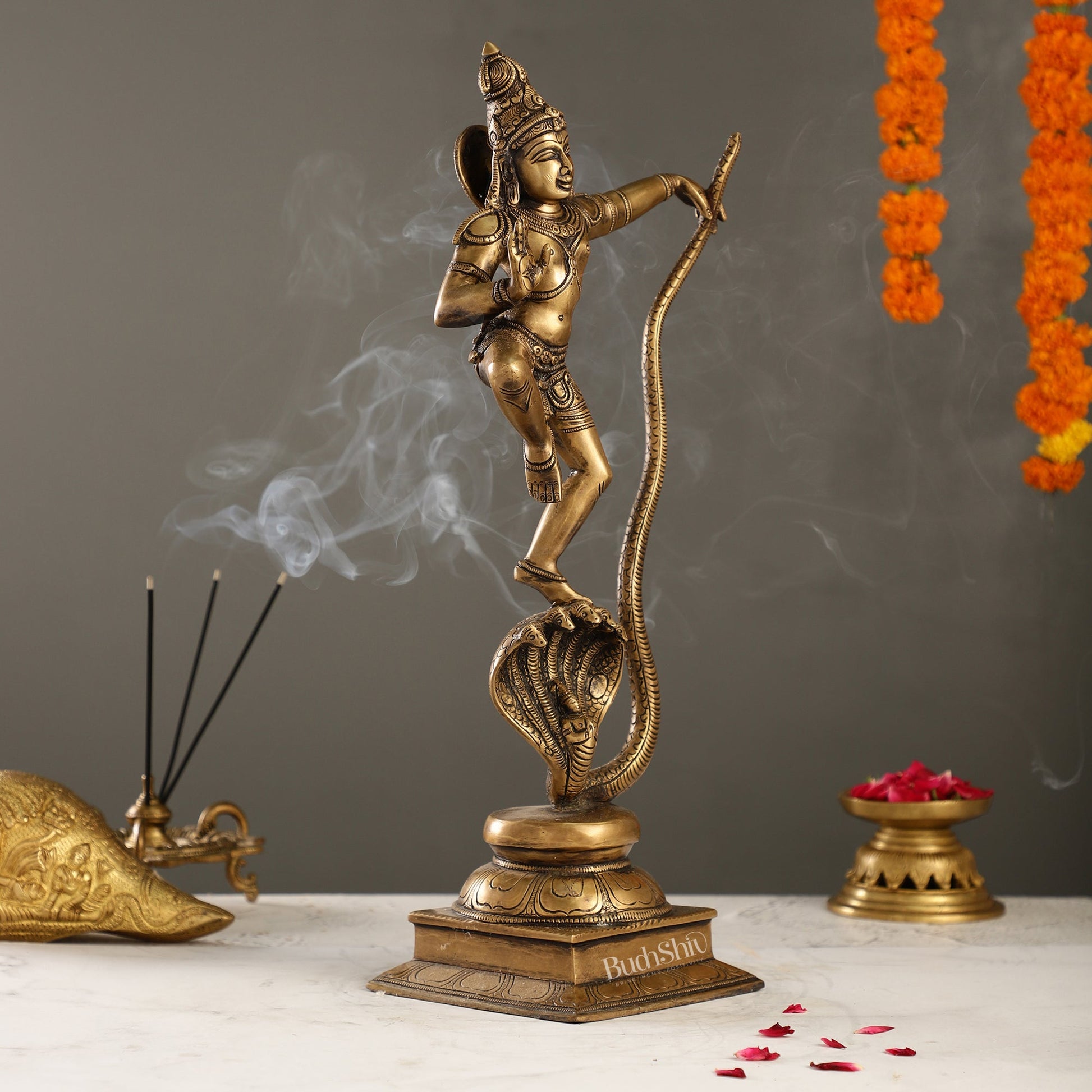 Superfine Brass Lord Krishna Dancing on Kaliya Naag | 18" Height | Cosmic Grace - Budhshiv.com