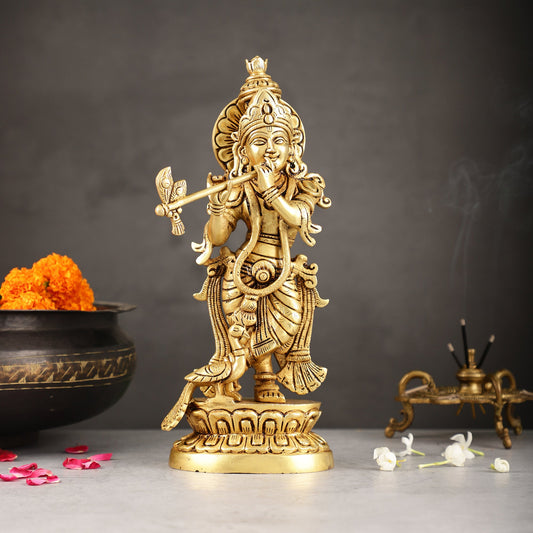 Superfine Brass Lord Krishna Idol | Height 12.5 inch - Budhshiv.com