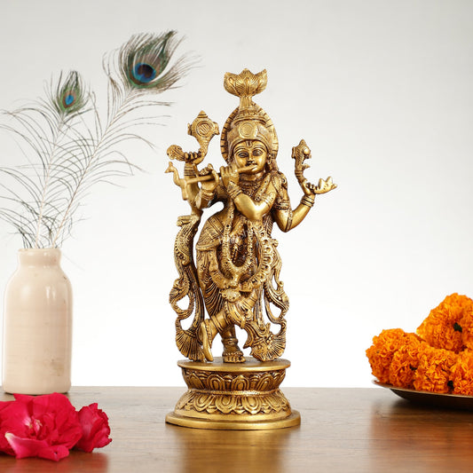 Superfine Brass Lord Krishna Idol with 4 Arms - 11.5 Inch - Budhshiv.com