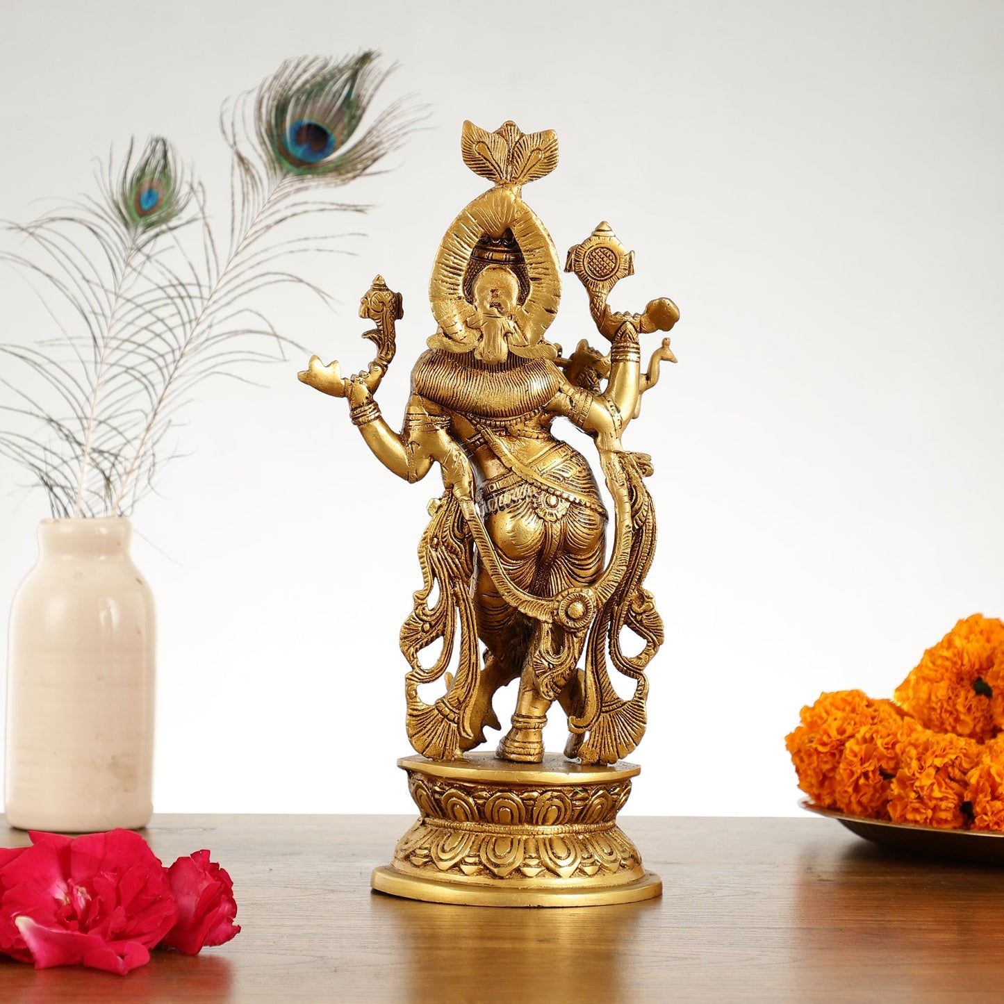 Superfine Brass Lord Krishna Idol with 4 Arms - 11.5 Inch - Budhshiv.com