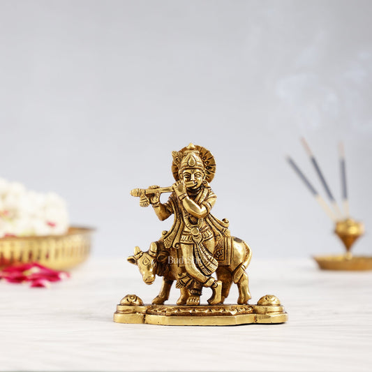 Superfine Brass Lord Krishna with Cow Idol - 4.25 inch - Budhshiv.com