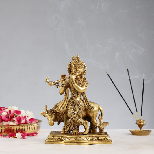 Superfine Brass Lord Krishna with Cow Statue Idol Murti 8 inch - Budhshiv.com