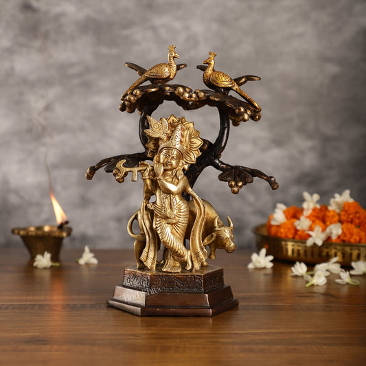 Superfine Brass Lord Krishna with Cow Under Kalpavriksha Tree Idol | Height 11 inch - Budhshiv.com
