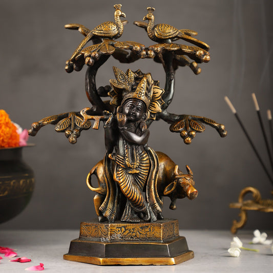 Superfine Brass Lord Krishna with Cow Under Kalpavriksha Tree Idol | Height 11 inch - Budhshiv.com