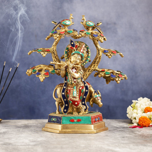 Superfine Brass Lord Krishna with Cow under Tree Statue with Stonework - 13 inch - Budhshiv.com
