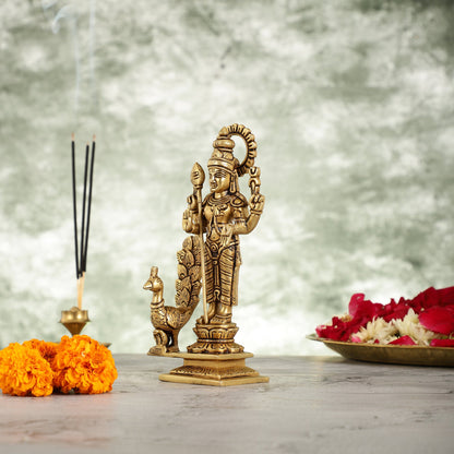 Superfine Brass Lord Murugan Kartikeya Idol - 8 Inch - Budhshiv.com