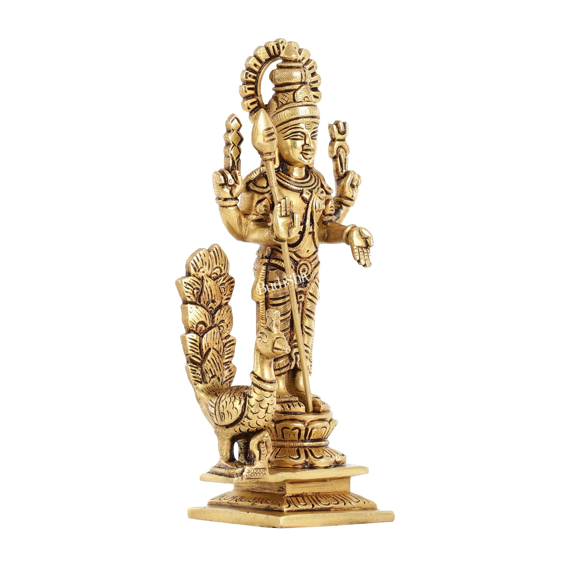 Superfine Brass Lord Murugan Kartikeya Idol - 8 Inch - Budhshiv.com