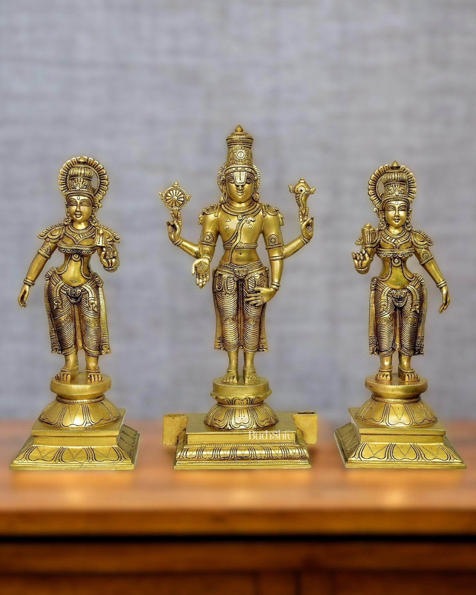 Superfine Brass Lord Tirupati Balaji with Bhudevi and Shreedevi Idol Set - 18.5" - Budhshiv.com