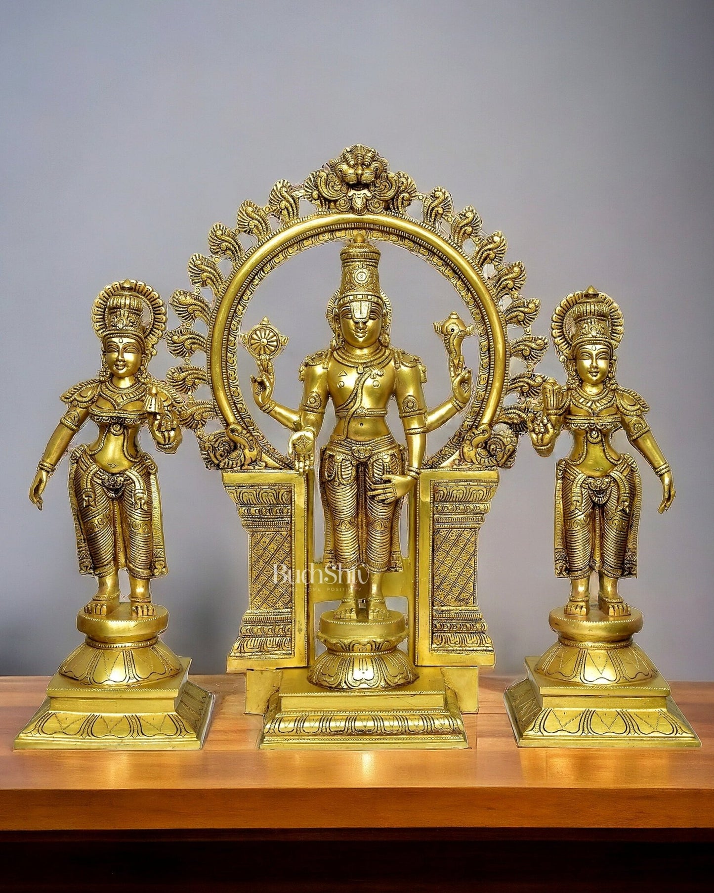 Superfine Brass Lord Tirupati Balaji with Bhudevi and Shreedevi Idol Set - 23" - Budhshiv.com