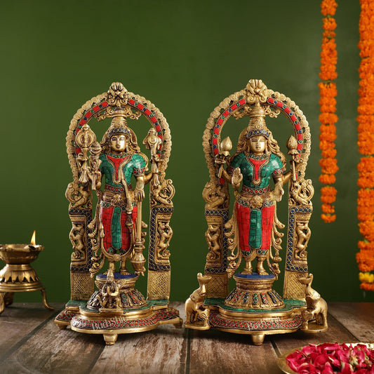 Superfine Brass Lord Vishnu & Goddess Lakshmi Idol Pair with Stonework | 16 inch - Budhshiv.com