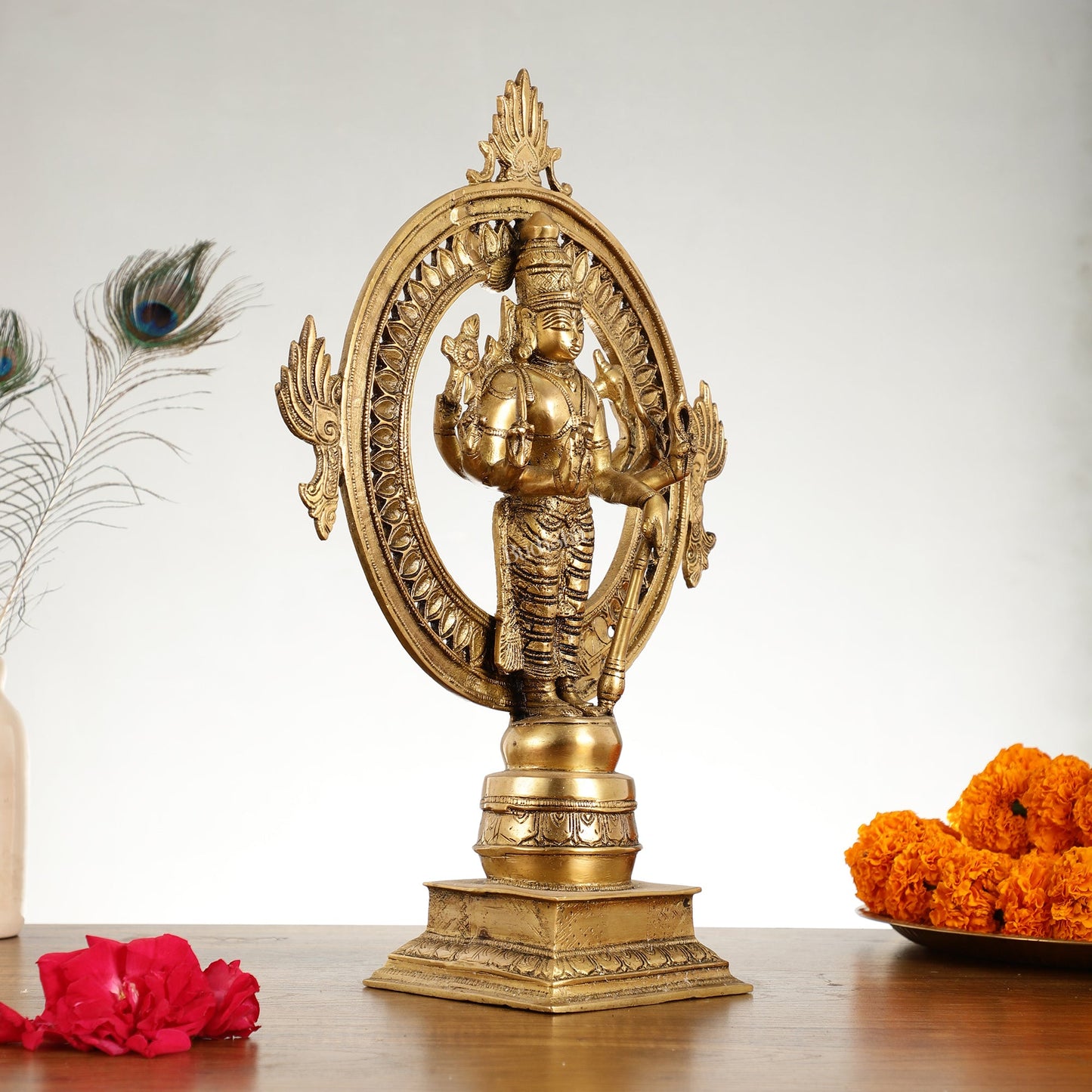 Superfine Brass Lord Vishnu Statue with Sudarshan Chakra Aura - 16.5 Inch - Budhshiv.com