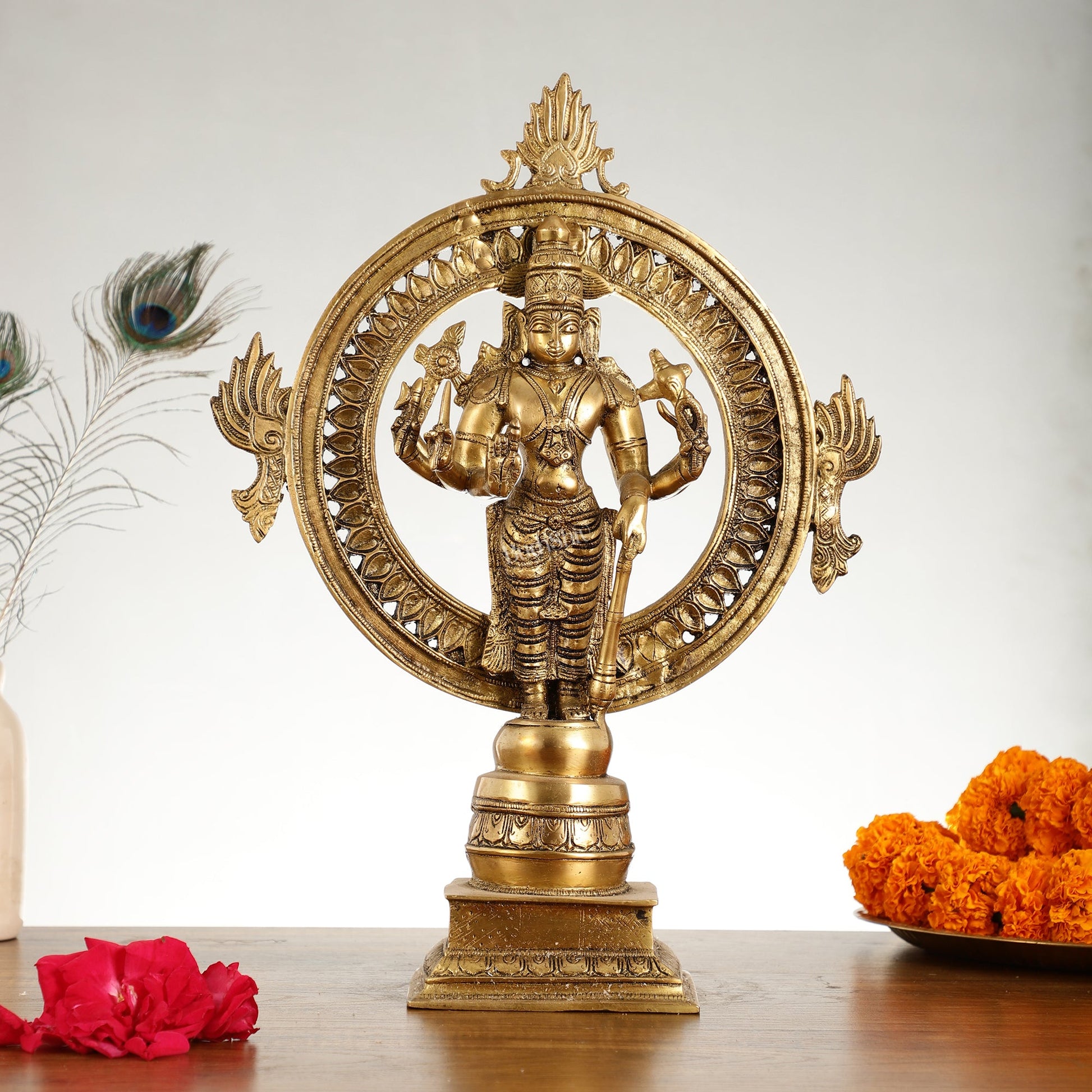 Superfine Brass Lord Vishnu Statue with Sudarshan Chakra Aura - 16.5 Inch - Budhshiv.com