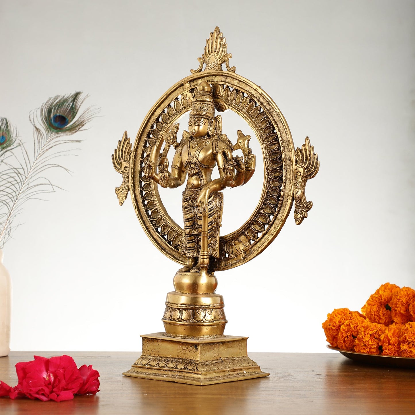 Superfine Brass Lord Vishnu Statue with Sudarshan Chakra Aura - 16.5 Inch - Budhshiv.com