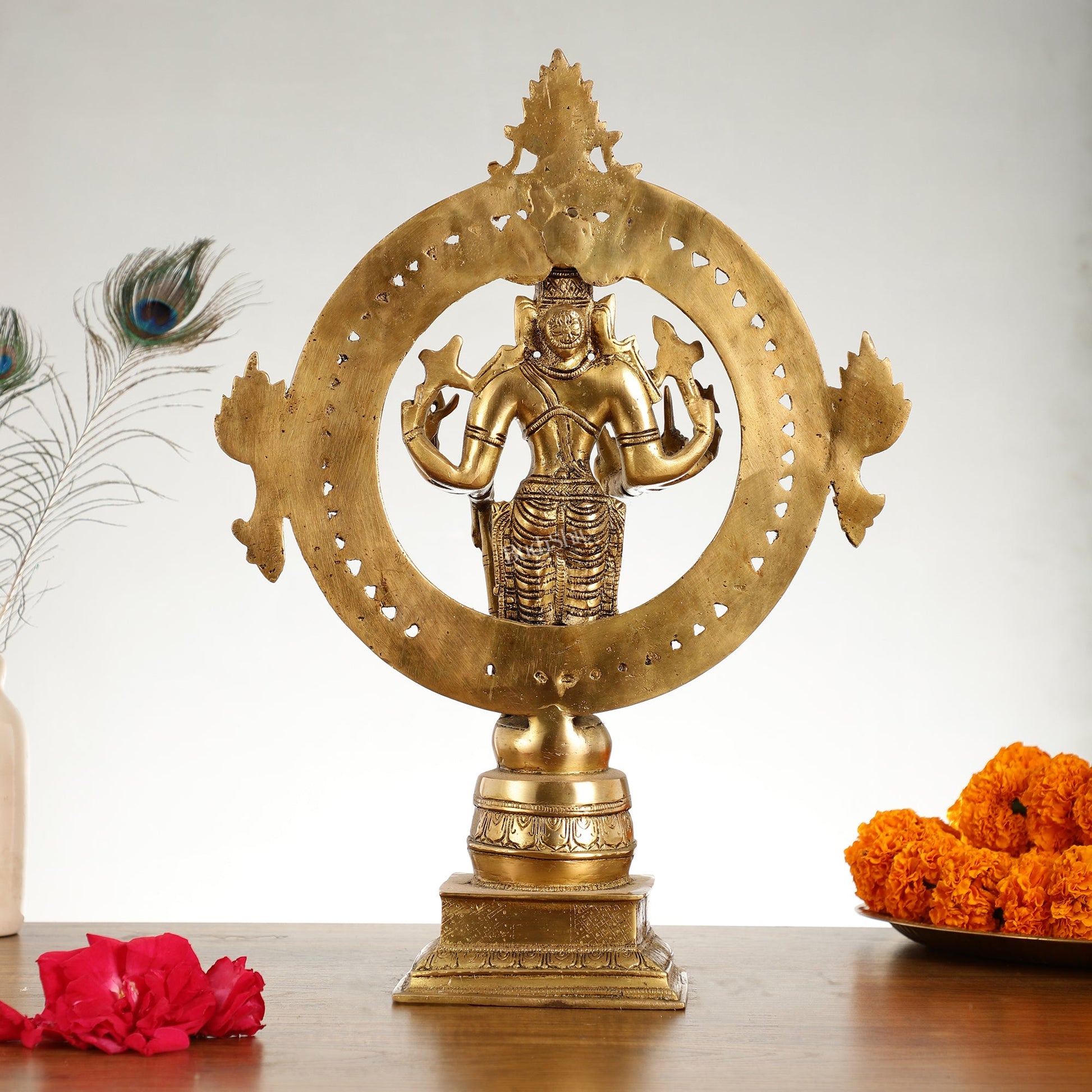 Superfine Brass Lord Vishnu Statue with Sudarshan Chakra Aura - 16.5 Inch - Budhshiv.com