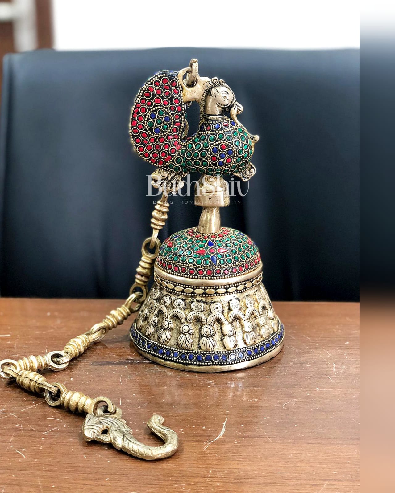 Superfine Brass Peacock Bell with Stonework | 8 inch Height - Budhshiv.com