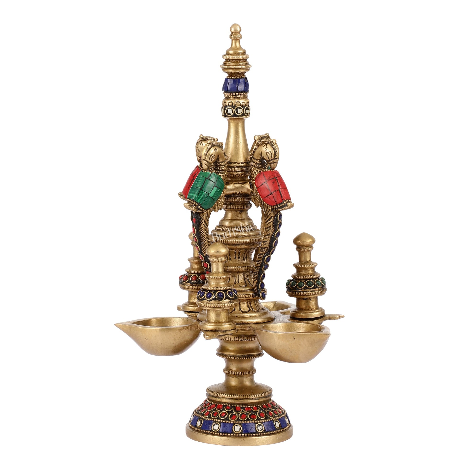 Superfine Brass Peacock Lamp with Stonework - 12in Height - Budhshiv.com