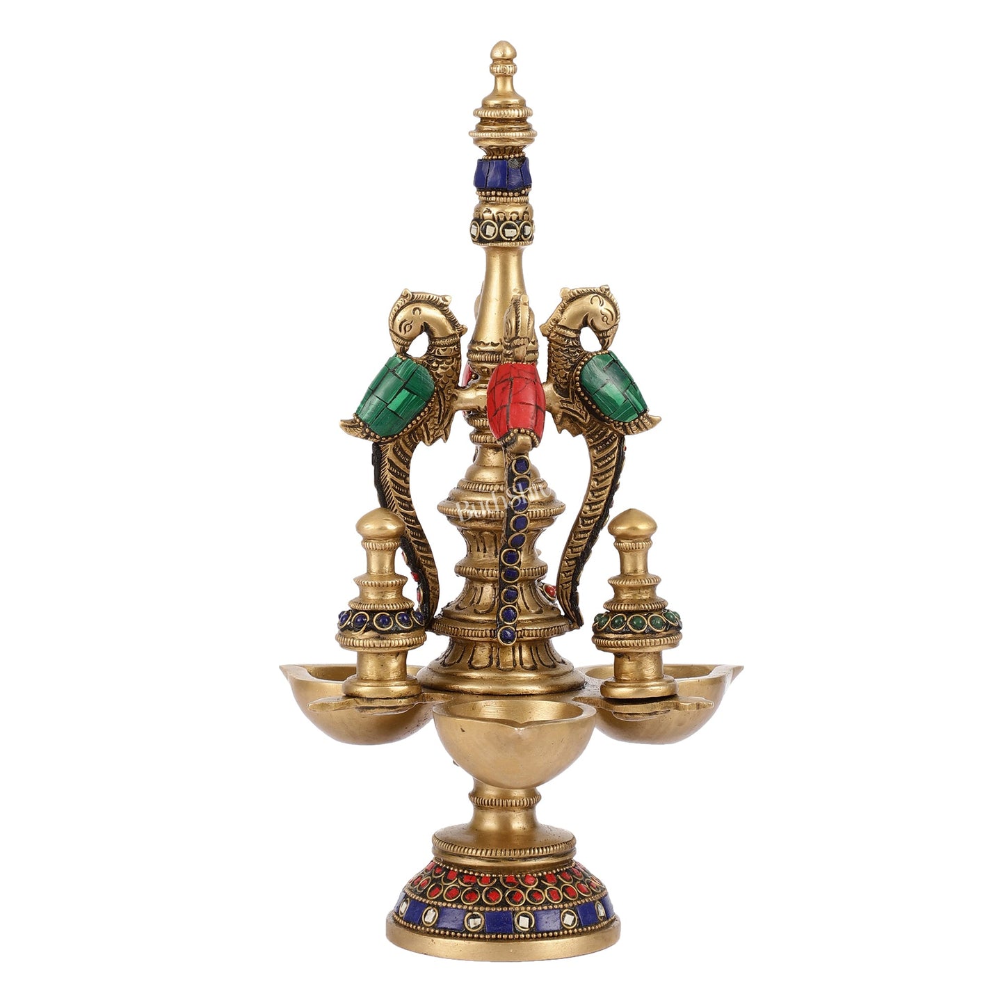 Superfine Brass Peacock Lamp with Stonework - 12in Height - Budhshiv.com